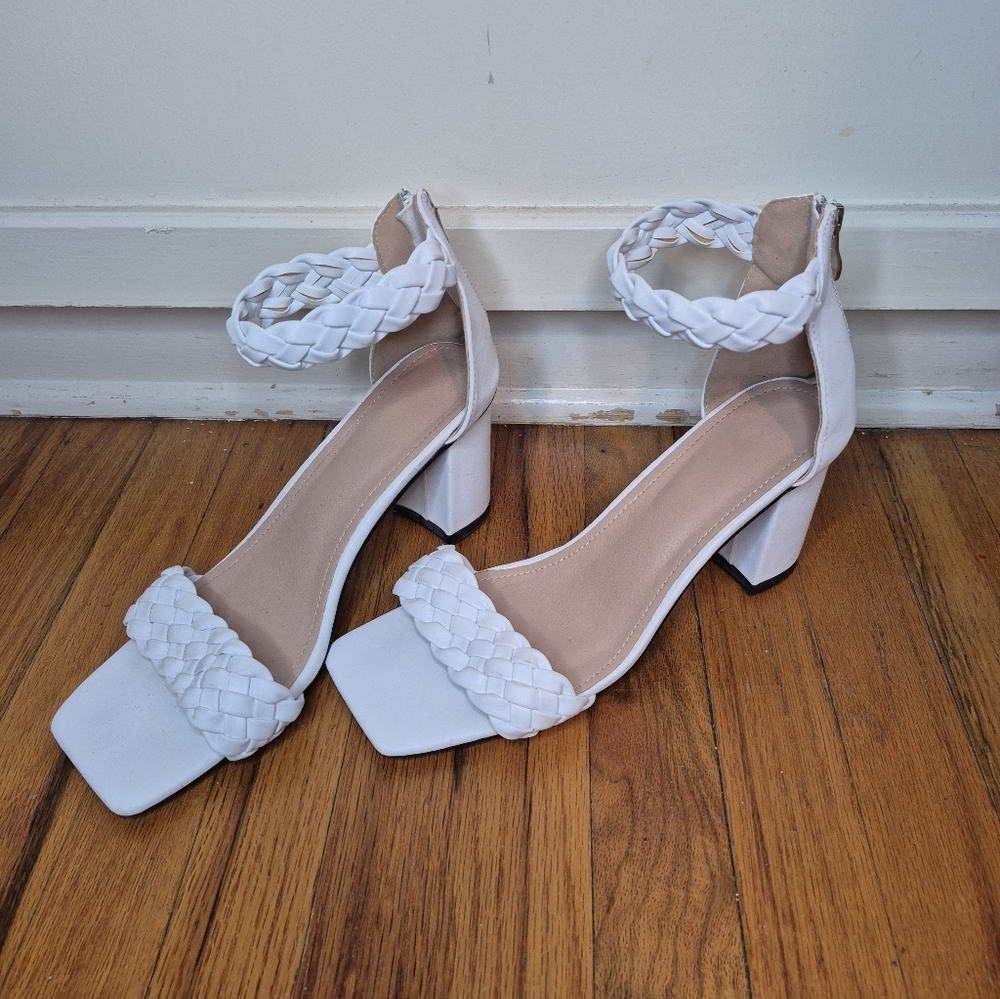 White Braided Strap Women's Heels